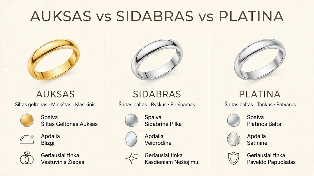 Papuošalai ir jų tipai pagaminti iš Aukso vs Sidabro vs Platinos