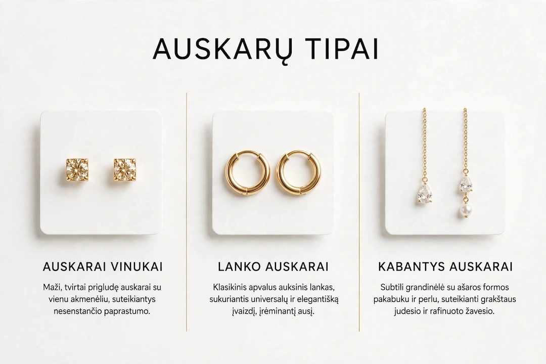Papuošalai ir jų tipai: vinukai, lankeliai, kabantys auskarai